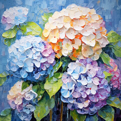 Bouquet of colorful hydrangea flowers on a blue background, impressionism. Printable digital oil painting, impasto. Generative AI