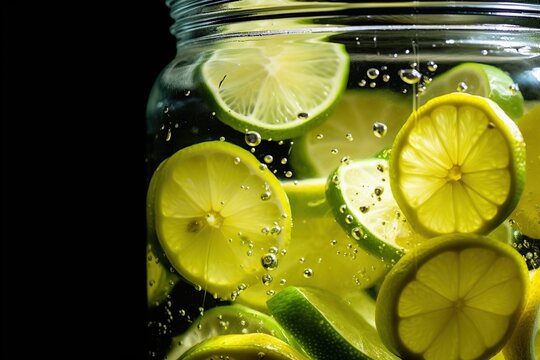 Lemon and lime slices floating in a fizzy water filled glass jar
