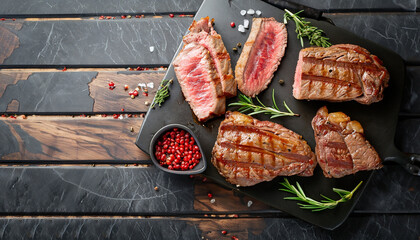 Steaks. Sliced grilled meat steak New York or Striploin with spices rosemary and pepper on black...
