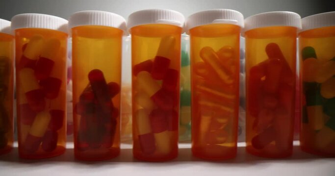 Plastic bottles with medical capsules for health. Various dietary supplements and vitamins for body health and beauty