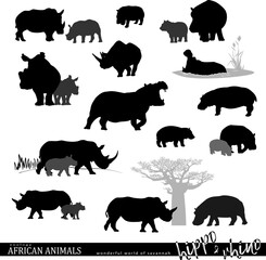 Hippopotamus and rhinoceros  silhouettes set with wildlife scenes. African savannah animals. Vector illustration.	