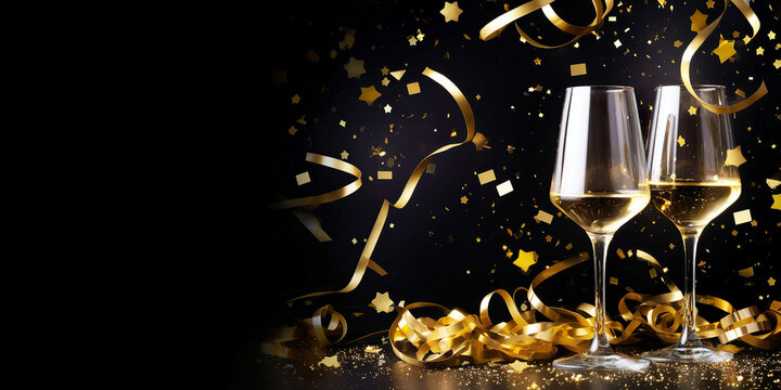 Champagne glasses with golden champagne on a dark background and golden bokeh. Happy new year, birthday, holiday or wedding greeting card with copy space. AI generated.