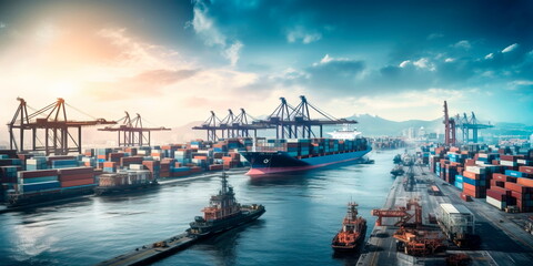 busy seaport with cargo ships being loaded and unloaded, cranes lifting containers, and logistics operations supporting global trade. Generative AI - obrazy, fototapety, plakaty