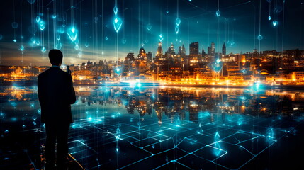 Fototapeta premium city skyline at night with illuminated buildings representing global economic hubs and centers of power. Generative Ai