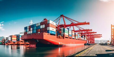 Fototapeta premium container ship docked at a busy port, symbolizing the interconnectedness of global trade. Generative Ai