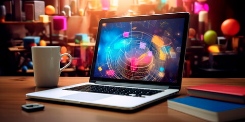 contemporary back to school background with a digital touch, showcasing a virtual classroom setting with students and interactive technology. Generative Ai