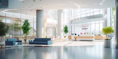 Detailed interior shots of a modern hospital lobby, showcasing the sleek design, comfortable seating areas, and welcoming atmosphere. Generative AI