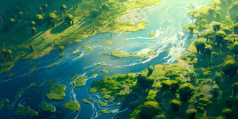 Fototapeta na wymiar aerial view of a river delta with lush green vegetation and winding waterways Generative AI