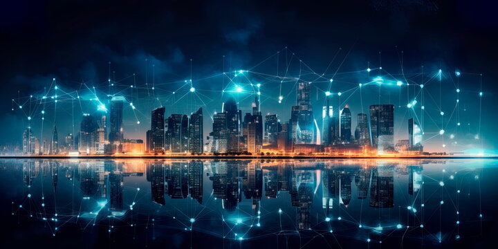 city skyline at night with illuminated buildings representing global economic hubs and centers of power. Generative Ai © Лилия Захарчук