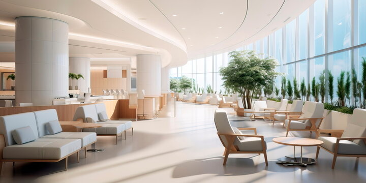 Detailed interior shots of a modern hospital lobby, showcasing the sleek design, comfortable seating areas, and welcoming atmosphere. Generative AI