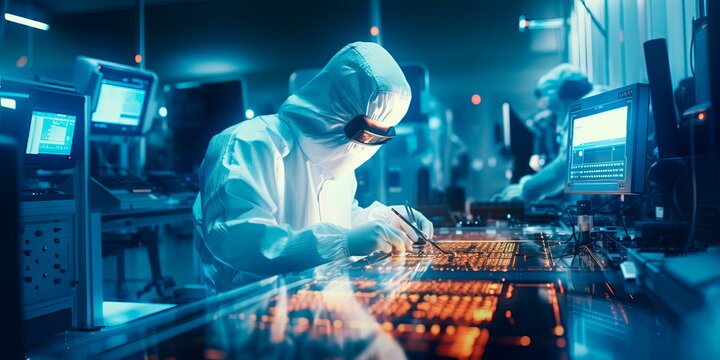 A modern electronics manufacturing plant with cleanrooms, precision equipment, and technicians assembling intricate electronic devices. Generative AI