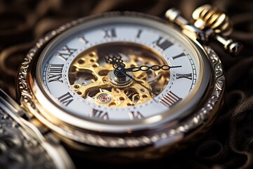 Macro shot of an antique pocket watch, focus on the minute hand