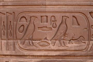 Ancient egyptian cartouche  for queen Cleopatra III at Kom Ombo temple in Aswan, Egypt - obrazy, fototapety, plakaty