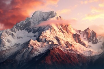 Fototapeta na wymiar Majestic mountain range bathed in soft, rosy light at sunrise