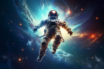 Fototapeta premium Illustration of an astronaut floating weightlessly in the vastness of space, surrounded by stars and planets