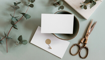 Fototapeta na wymiar Minimalist feminine branding business card mockup with stack of cards in a small bowl, scissors, boho necklace and eucalyptus twigs on a styled desk, copy space