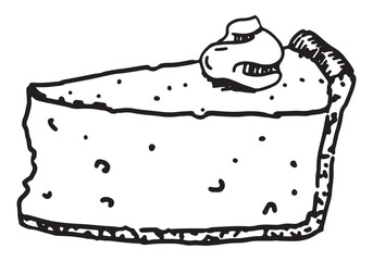 Doodle of piece of pumpkin pie. Sketch of sweet homemade pastry. Hand drawn vector illustration. Single clip art isolated on white.