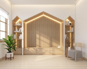 Modern Nordic style living room decorated with minimalist tv cabinet and bookshelf, armchair and wood floor, white wall and wood slat wall. 3d rendering