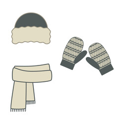 A set of winter knitted accessories - a beanie hat, scarf and mittens. Illustration on transparent background