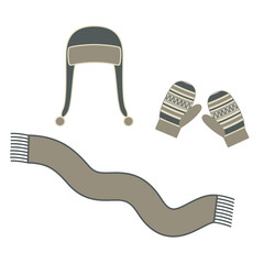 A set of winter accessories - a hat with ear flaps, scarf and mittens. Illustration on transparent background