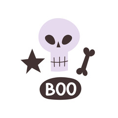 Boo. Cartoon skull, hand drawing lettering, decor elements. Colorful vector illustration, flat style. design for cards, print, poster