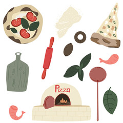 Pizza baked in oven Napoli set hand drawn vector icons