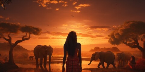 Fototapeta na wymiar Naturalistic African Woman Protecting Elephants in High Definition, generative ai