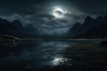 Moonlight reflecting off a tranquil lake, surrounded by shadowy hills