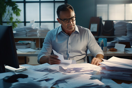 A middle-aged man at an office desk with a pile of unsorted papers and documents. Overworking concept.