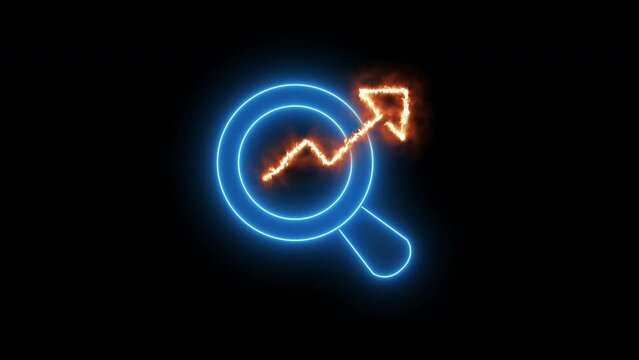 Glowing neon line magnifying glass and up fire arrow isolated on transparent background. Money, profit, investment, growth business, economy, finance and success concept. 4K motion graphic animation.