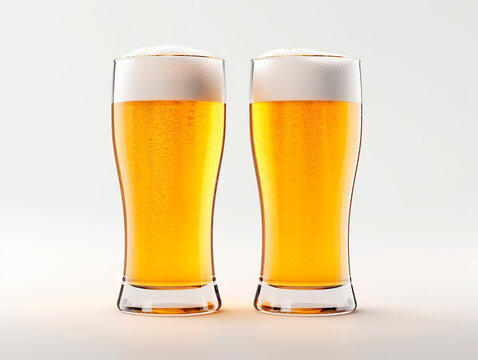 Two glasses of beer on a white background. 3D illustration.AI Generated