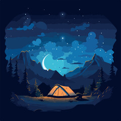 Night camp site under the starry sky flat design