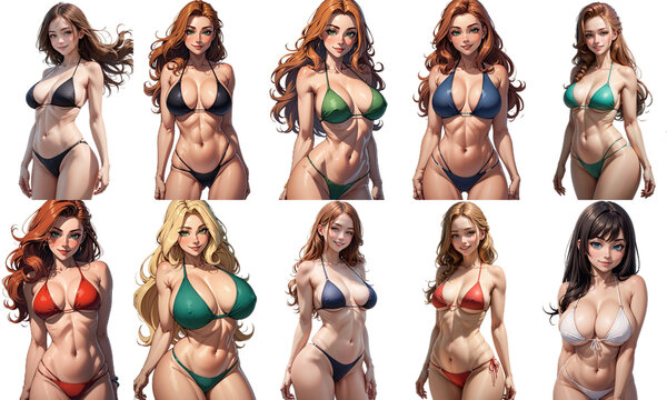  Set Of Cute Sexy Woman In Bikini Swimsuit. Collection Of Png Illustrations, Isolated Transparent Background Anime Style Cartoon Collage