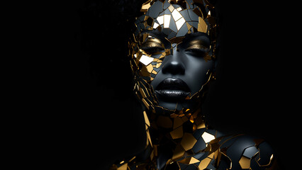 Afroamerikanisches Model Gesicht mit Gold Taping Mosaik Muster im Gesicht Nahaufnahme, ai generativ - obrazy, fototapety, plakaty