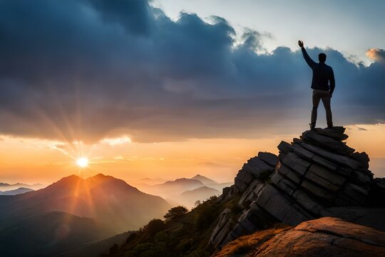 silhouette of a person on the top of mountain generated Ai.