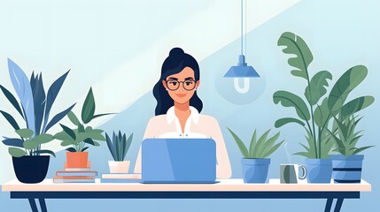 girl with laptop sitting. Freelance or studying concept.