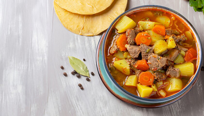 Meat soup Estofado with potatoes, carrots and seasonings. Traditional Mexican dishes. Selective focus. Top view.