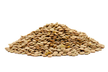 Green lentils isolated on white background. Pile of raw green lentils