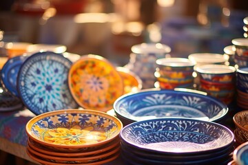 Moroccan ceramic plates arranged on a sun-drenched market stall