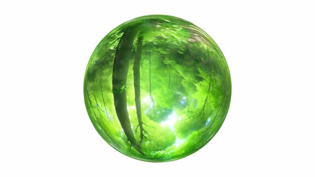 3D animation - Glass sphere with a green forest nature reflection rotating in a seamless loop isolated on transparent background. 4k ProRes 4444 with direct alpha channel.