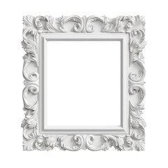 Vertical white wooden frame with ornaments with a transparent canvas and cutout PNG transparent background. Generative AI