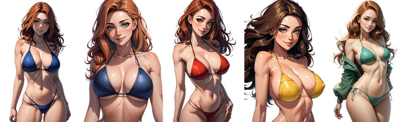  Set of Cute sexy woman in bikini swimsuit. Collection of png illustrations, isolated transparent background anime style cartoon collage - obrazy, fototapety, plakaty