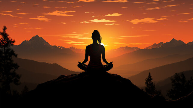 Silhouette of a woman practicing yoga on a beautiful sunset, healthy living, breathing and meditation