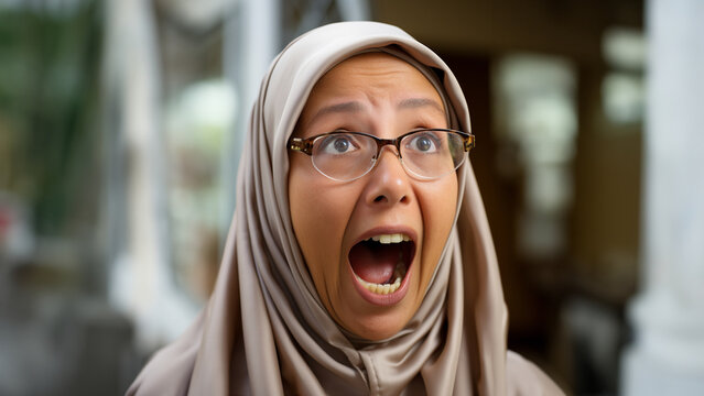 Lustige arabische Frau Gesicht staunt &uuml;berrascht mit einem hijab hidsch&auml;b unh&uuml;llt portr&auml;t, ai generativ