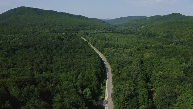 Aerial view of car driving through the forest in national park. Beautiful mountain road. Driving on the mountain road. Road trip.