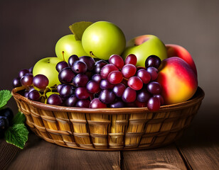Assortment of juicy fruits in a large bowl on wooden table, natural background. Digital illustration. CG Artwork Background