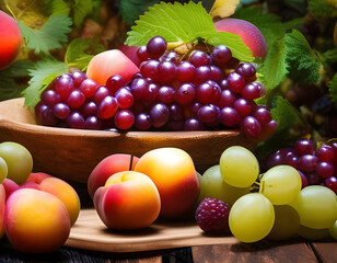Assortment of juicy fruits in a large bowl on wooden table, natural background. Digital illustration. CG Artwork Background