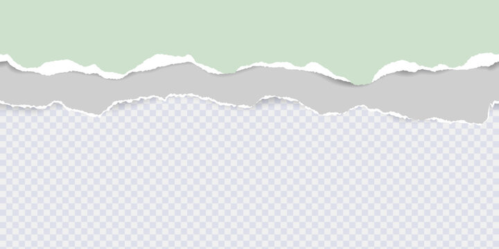 Seamless pattern of horizontal colored torn stripes paper with torn adges and soft shadow. Green gray ripped paper. Design template for text or message on transparent background. Vector illustration
