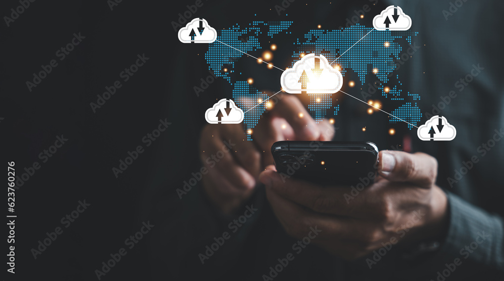 Poster connected through cloud, a businessman's smartphone connects to a digital dashboard, illustrating in