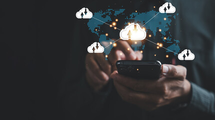 Connected through Cloud, A businessman's smartphone connects to a digital dashboard, illustrating integration of cloud technology and metaverse systems. Efficient data exchange drives global success.